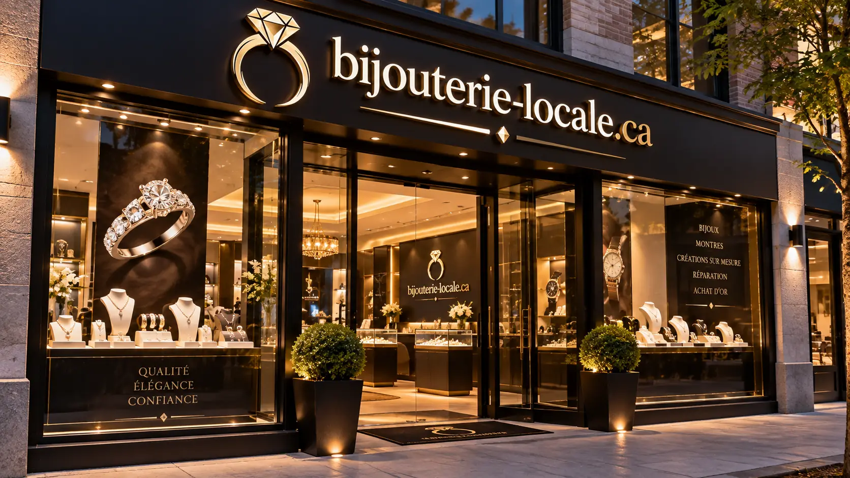 Vitrine d'une bijouterie en soirée