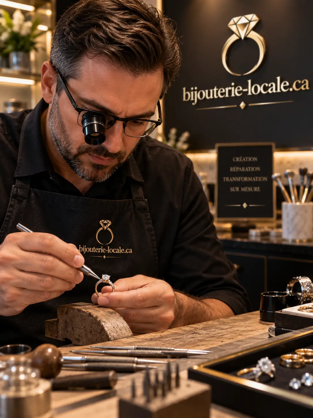 Sertissage d'une bague à l'atelier