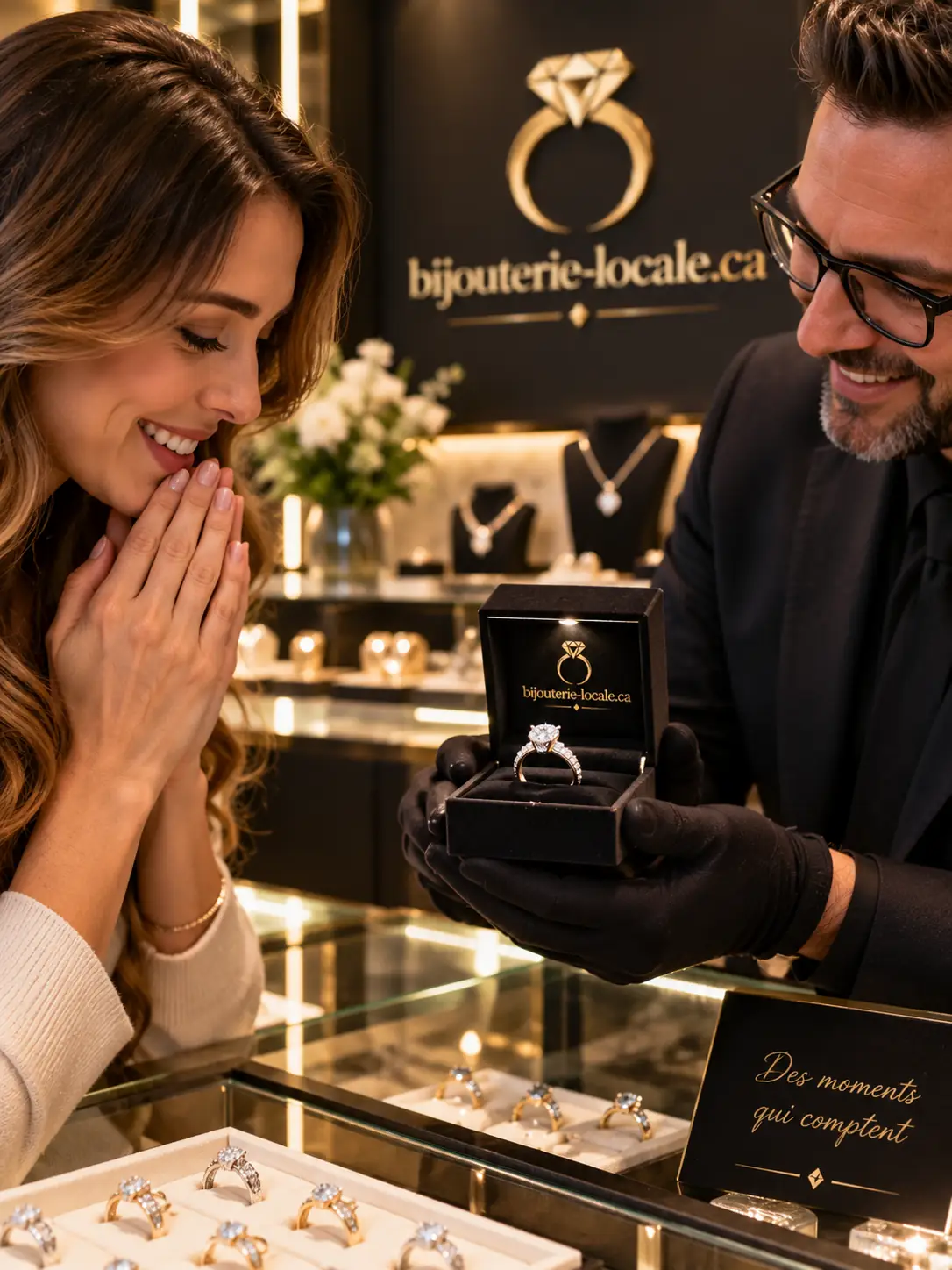 Présentation d'une bague de fiançailles en boutique