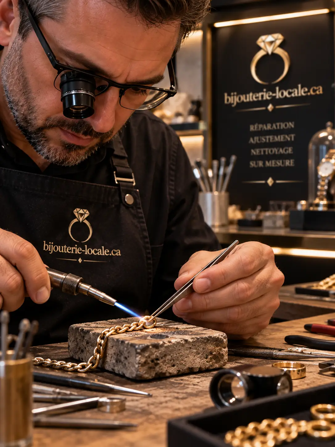 Soudure d'une chaîne en or à l'atelier